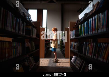 Redheaded boy reading quietly in sunlit library book aisle Stock Photo