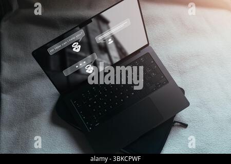 Chatbot conversation assistant screen on laptop. Online customer service with chatbot support. Artificial intelligence for contact us. Stock Photo