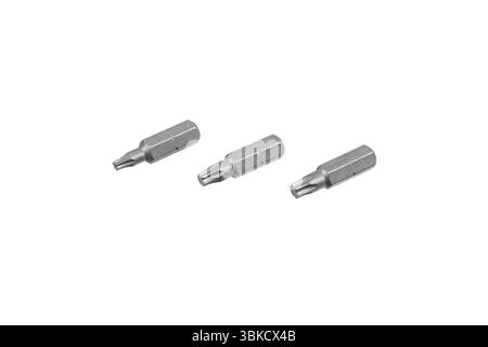Three silver Torx screwdriver bits arranged on white background Stock Photo