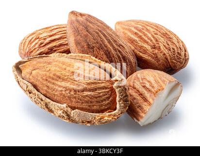 Pile of almond nuts,  cracked nuts and almond in shell isolated on white background. File contains clipping path. Stock Photo