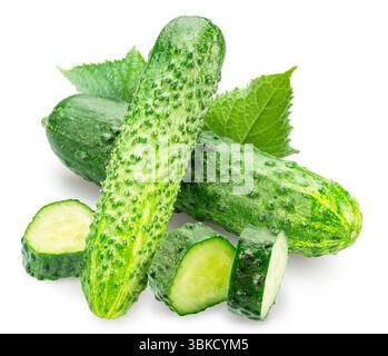 Fresh sweet small cucumbers and slices of cucumber isolated on white background. Cucumbers that are used to pickling or slicing. Stock Photo