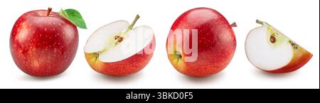 Set of red apples and apple pieces isolated on white background. File contains clipping path. Stock Photo