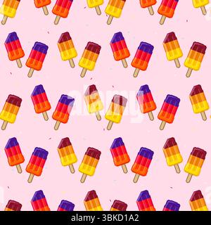 Seamless vector pixel art pattern featuring colorful layered fruit ice lolly on a pink background with sprinkles. Fun and playful summer design with Stock Vector