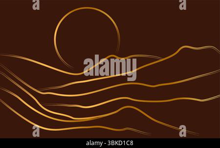 Mountain With Sunset Minimalist Golden Line Art Abstract Background Stock Vector