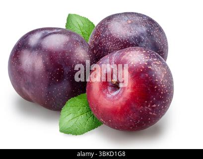 Ripe chinese plums with green leaf isolated on white background. File contains clipping paths. Stock Photo
