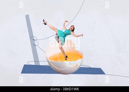 Trend poster collage of person stand fall yellow yolk egg on blue background Stock Photo