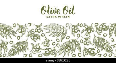 Olives branches with leaves horizontal seamless background with calligraphy lettering. Hand drawn sketch vector illustration. Food, oil, cosmetics pro Stock Vector