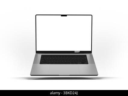 A laptop with a blank screen floating on a white background, showcasing minimalist design and advanced technology. 3d render Stock Photo