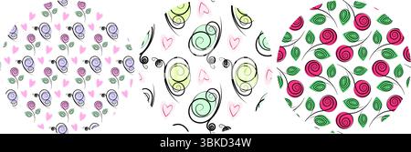 Hand Drawn Cute Butterflies decorative Hearts and Flowers Seamless Pattern on Circle Backgrounds Set. Isolated Vector design Spring or Summer Themes Cards Backdrop or promo banner, leaflet, label, tag Stock Vector