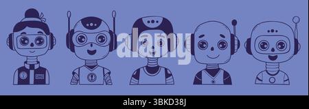 Cute Chatbot Face, Robot, girl, Assistant AI character set. Vector hand drawing doodles. Isolated Avatar for tech support, security, chatbot, futurist Stock Vector