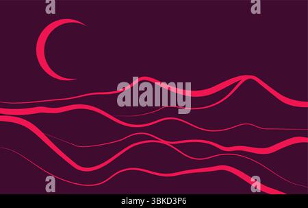 abstract line art landscape mountain with moon background. mountain art simple design Stock Vector