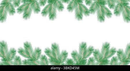 Hand drawn Pine Twigs Top and Bottom Frame Border Christmas Holidays Copy space Template Banner Fond. Isolated Vector Illustration Thematic Greeting Cards or seasonal leaflets, price tag, labels, sale Stock Vector