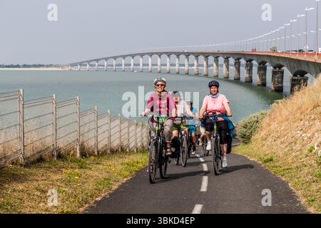 Journalist Angela Berg and participants in the guided cycling tour by Die Landpartie ride along a cycle path at the mainland end of the bridge near La Rochelle, Charente-Maritime, Nouvelle-Aquitaine, France. By bike, they cross the bridge that connects the island of Ré (Île de Ré) to the mainland. At 2,926.5 metres long, it is the second-longest bridge in the country after the Saint-Nazaire Bridge. It opened in 1988. Angela Berg, wearing a helmet and sunglasses, rides in the front left, and her burgundy T-shirt reads "Coup de cœur". In English: "Love at first sight". A woman in a pink T-shirt  Stock Photo