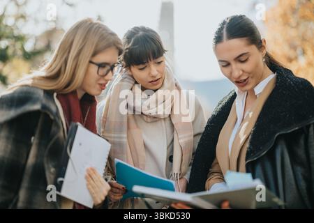 Three multicultural businesswomen collaborating outdoors on a bright autumn day Stock Photo