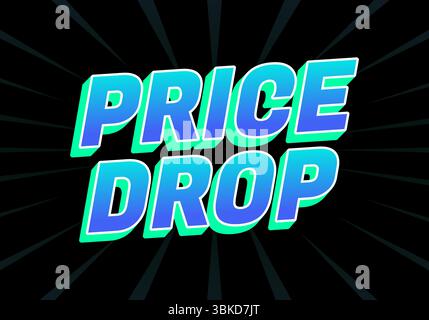 Price drop. Blue gradient letters with green glow on dark burst background Stock Vector