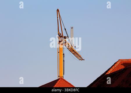 Tall yellow construction crane rises above red tiled rooftops, its arm angled against a clear blue sky, bathed in warm evening sunlight during Stock Photo