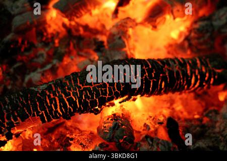 Close-up of glowing orange embers and a blackened, charred log in a campfire, showing cracked surface patterns and intense heat radiating from the bur Stock Photo