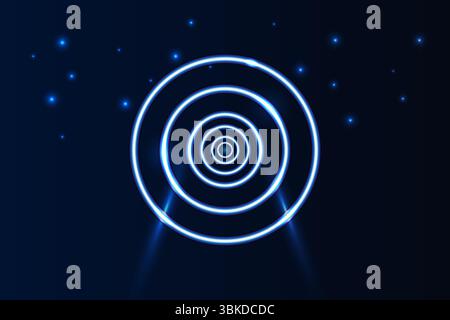 Abstract concentric neon blue circles glowing against a dark backdrop with scattered light particles, perfect for tech or sci fi themes, vector illust Stock Vector