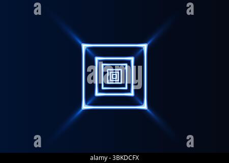 Glowing blue neon squares forming a tunnel like visual illusion on a dark background, evoking a futuristic digital vibe, vector illustration Stock Vector