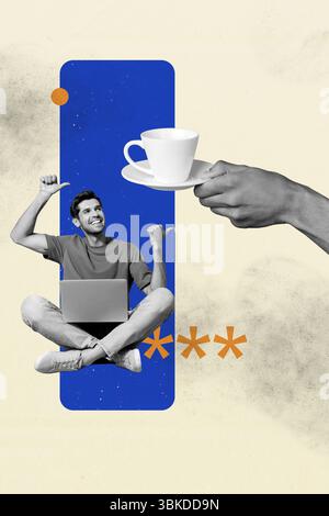 Poster banner collage of person use gadget object over pastel background with square shape Stock Photo