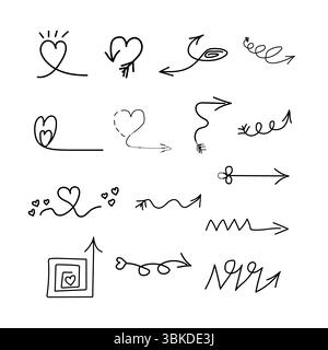 Hand drawn arrow and heart line elements. Signs and drawing pen effects. Decorative pencil curved symbols and shapes. Vector set Stock Vector