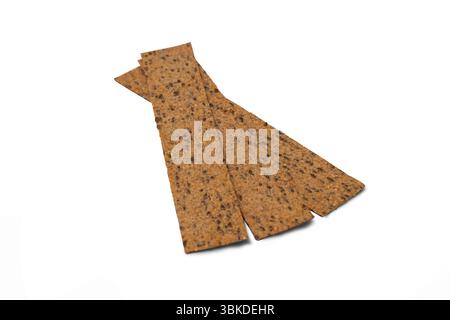 Stack of three rectangular bread crisps isolated on white background. Top view close-up. Stock Photo