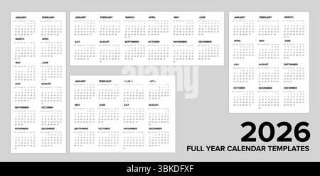 Set of 2026 full year calendar templates offering various layouts. Ideal for business planning or personal use with these 2026 calendar vector templat Stock Vector