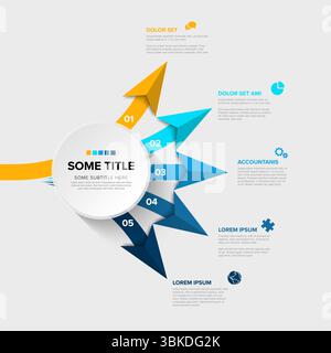 This modern radial infographic template visualizes five steps clearly. Each numbered step in the process infographic includes text and icons. Stock Vector