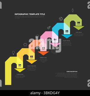 This multi-color 6 step process infographic template visually represents a horizontal workflow or timeline. Use this detailed process infographic temp Stock Vector