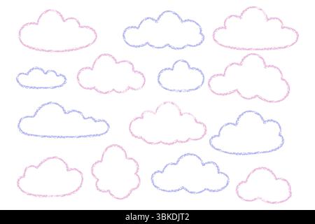 Cute outline clouds drawn with pastel crayons in blue and pink. Doodle and sketch style illustration on white background. Stock Vector