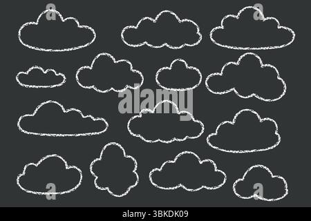 White chalk outline clouds drawn in crayon or pencil style on blackboard-like background. Hand sketched textured illustration. Stock Vector