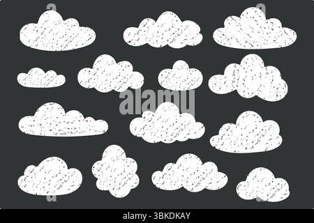 Set of fluffy cloud illustrations with chalk texture filled in crayon style. Hand drawn and doodle effect on dark background. Stock Vector