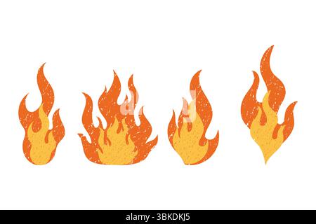 Set of four hand-drawn fire flames in yellow and orange with textured crayon chalk style. Stylized and decorative vector elements. Stock Vector
