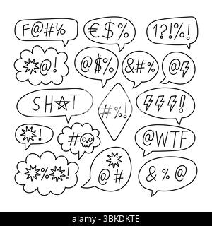 Hand drawn comic style speech bubbles with censored swear words using symbols. Aggressive expressions for comics, humor, or pop design. Stock Vector