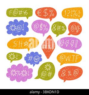 Cartoon speech bubbles in bright colors with swearing symbols. Crayon texture and doodle hand-drawn style for comics or design. Stock Vector
