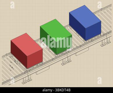 Conveyor line with boxes on pallets isometric drawings stylized vector illustration Stock Vector