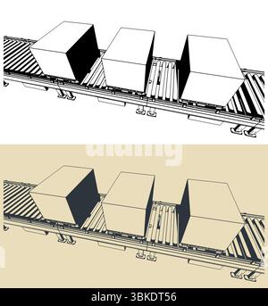 Conveyor line with boxes on pallets close up stylized vector illustrations Stock Vector