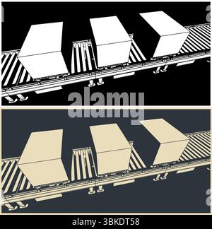 Conveyor line with boxes on pallets close up stylized vector illustrations Stock Vector