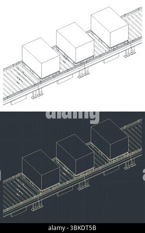 Conveyor line with boxes on pallets isometric drawings stylized vector illustrations Stock Vector