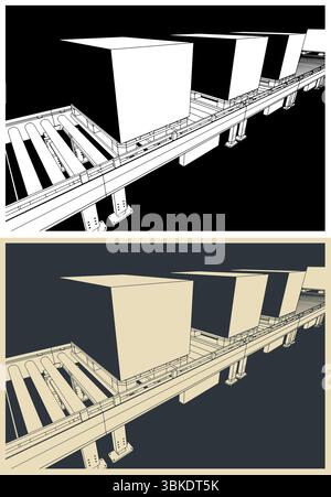 Conveyor line with boxes on pallets close up stylized vector illustrations Stock Vector