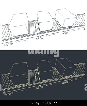 Conveyor line with boxes on pallets close up stylized vector illustrations Stock Vector