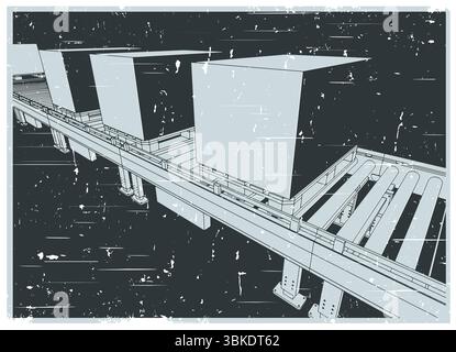 Conveyor line with boxes on pallets close up retro poster stylized vector illustration Stock Vector