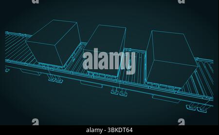 Conveyor line with boxes on pallets close up stylized vector illustration Stock Vector