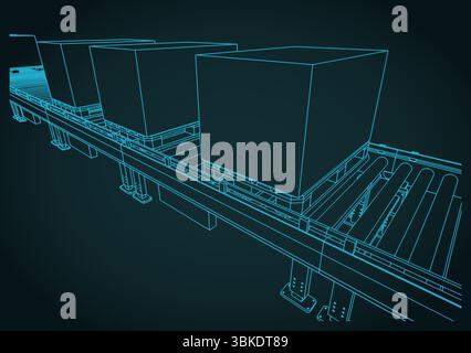 Conveyor line with boxes on pallets close up stylized vector illustration Stock Vector