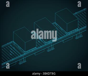 Conveyor line with boxes on pallets isometric blueprint stylized vector illustration Stock Vector