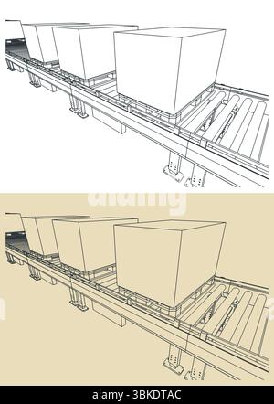 Conveyor line with boxes on pallets close up stylized vector illustrations Stock Vector