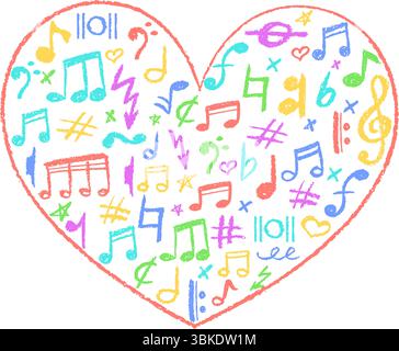 Heart shape filled with musical icons set. Cute underline symbols charcoal stamp texture and kindergarten color. Colorful music note, lightning and Stock Vector