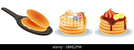 Cooking homemade meal breakfast concept. Vector flat cartoon illustration of pancakes with different toppings and pancake on frying pan. Menu design e Stock Vector