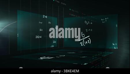 Displaying teal panel showing 6 or 2(1+2) in 3D data space, with floating panels and stock tickers Stock Photo