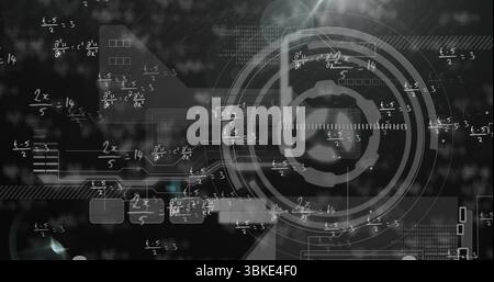 Displaying circular HUD element floating in dashboard interface with concentric rings and equations Stock Photo